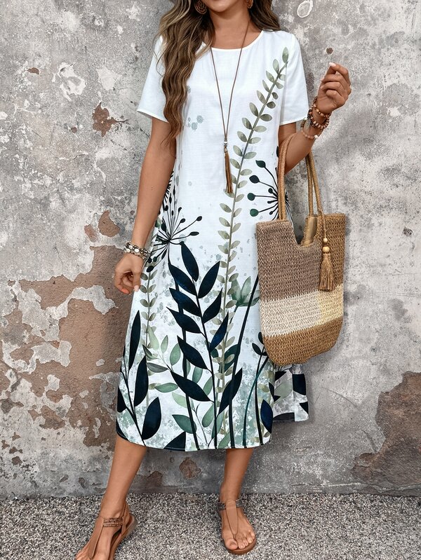 SHEIN LUNE 女性假日休閒植物印花短袖連衣裙