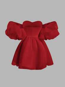 SHEIN MOD Elegant Short Solid Color Off Shoulder Ruffled Sleeved Women Summer Dress - Red - View 2