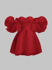 SHEIN MOD Elegant Short Solid Color Off Shoulder Ruffled Sleeved Women Summer Dress - Red - View 1