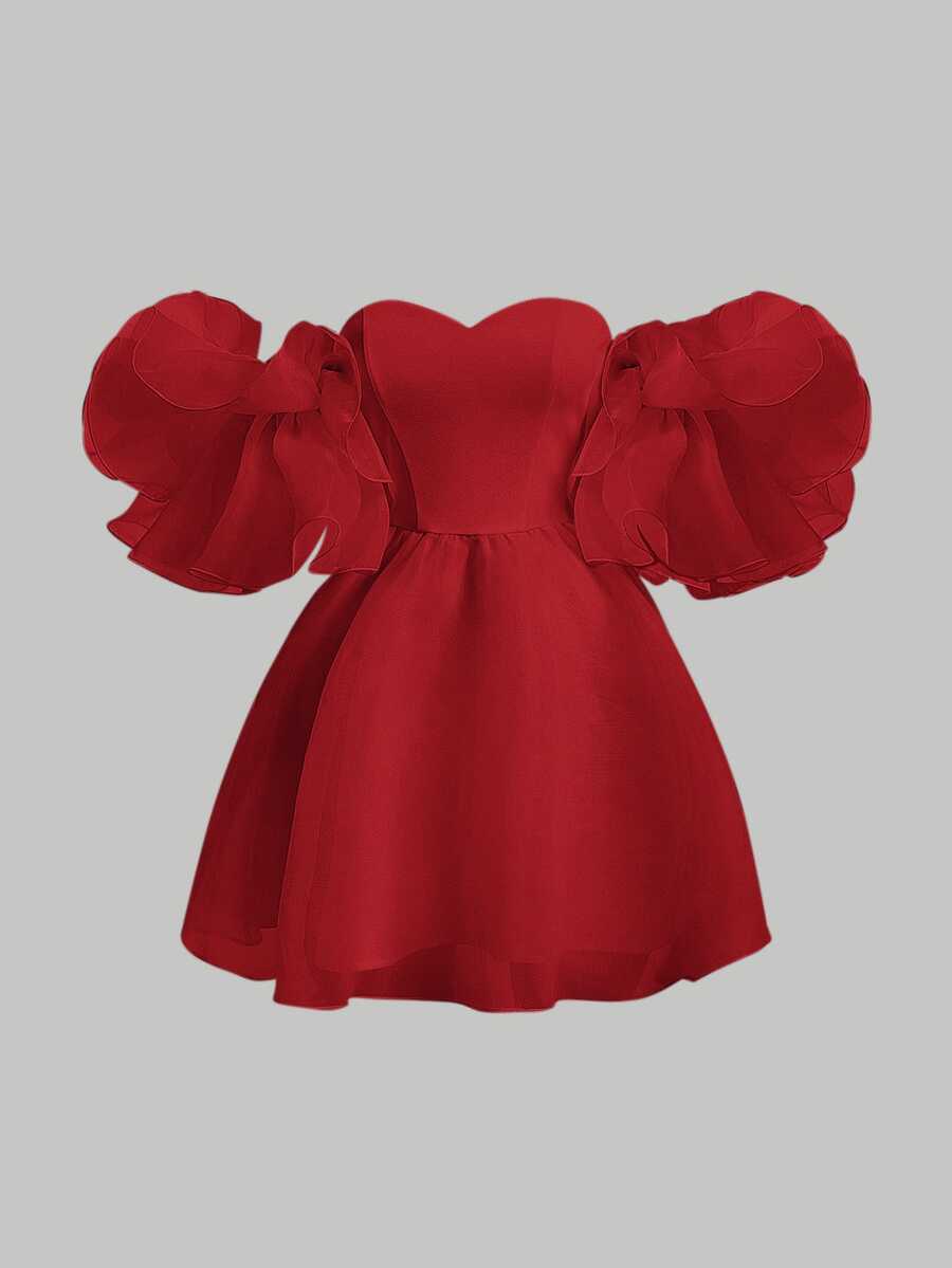 SHEIN MOD Elegant Short Solid Color Off Shoulder Ruffled Sleeved Women Summer Dress - Red - View 1