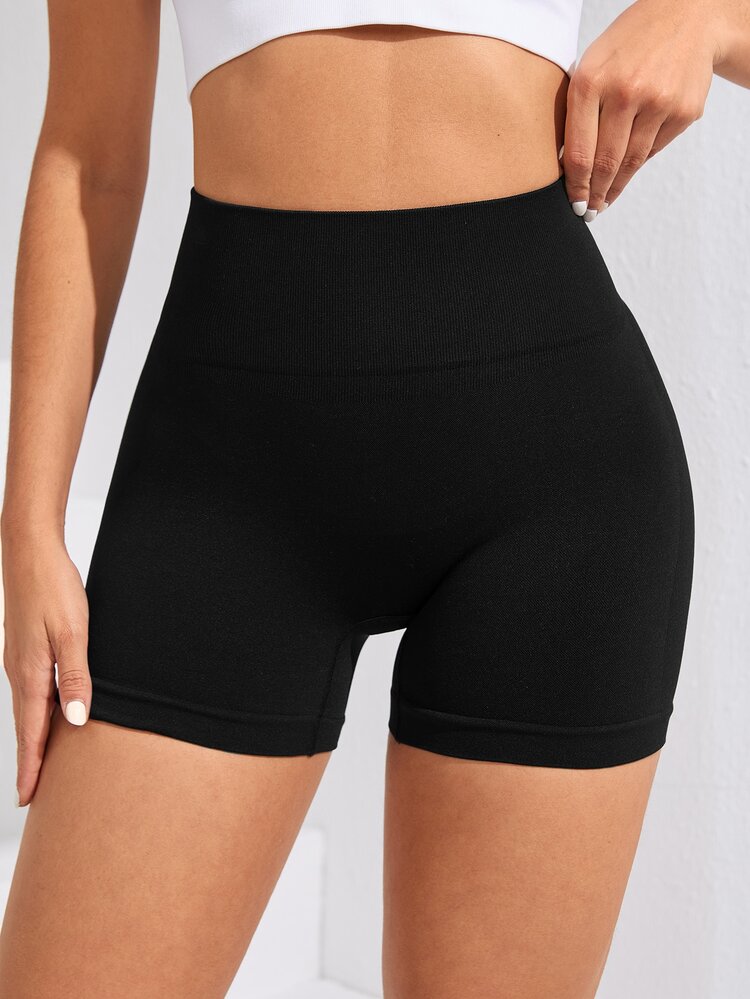SHEIN Sports Women Solid Color Tight-Fitting Sport Shorts For Spring And Summer Boot ShortsWomen Sweat Short, Gym Short, Biker Short - Black - View 4
