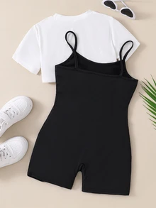 SHEIN 青少年女孩 2件組 短袖圓領白色短版T恤與黑色吊帶連身褲，休閒夏季街頭風，度假穿搭 - 黑與白 - 查看 3
