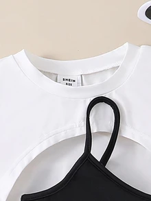 SHEIN 青少年女孩 2件組 短袖圓領白色短版T恤與黑色吊帶連身褲，休閒夏季街頭風，度假穿搭 - 黑與白 - 查看 4