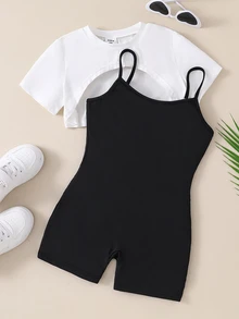 SHEIN 青少年女孩 2件組 短袖圓領白色短版T恤與黑色吊帶連身褲，休閒夏季街頭風，度假穿搭 - 黑與白 - 查看 2