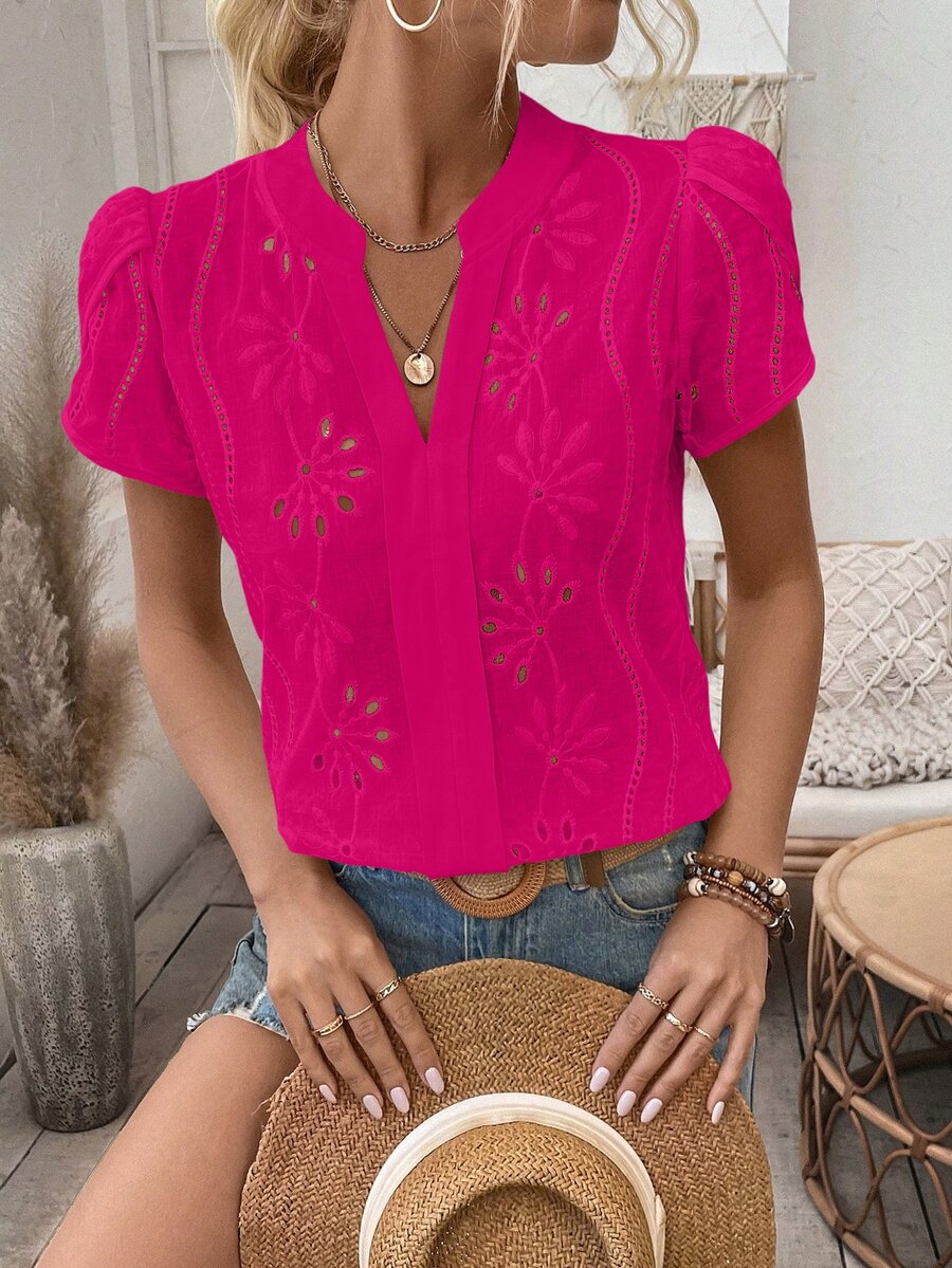SHEIN Women's Fashionable Solid Color Mesh Hollow Out Short Sleeve Shirt - Hot Pink - View 1
