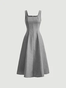 SHEIN MOD Women's Denim Effect Slim Segmentation Backless Sleeveless Cable Knit Sweater Dress - Grey - View 1