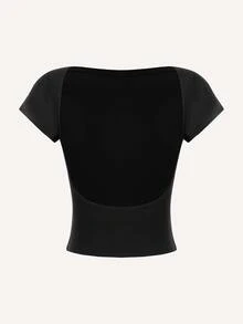 SHEIN MOD Sexy Casual Minimalist Solid Color Off Shoulder Short Sleeve Backless Fitted Women Black T-Shirts, Suitable For Summer Suitable For Going Out - Black - View 1