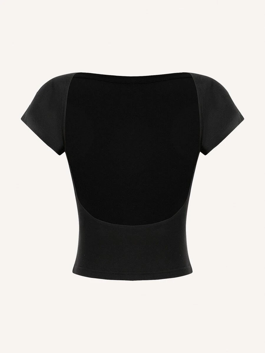 SHEIN MOD Sexy Casual Minimalist Solid Color Off Shoulder Short Sleeve Backless Fitted Women Black T-Shirts, Suitable For Summer Suitable For Going Out - Black - View 1