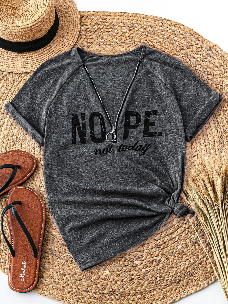 Plus Size Grey Printed Letter V-Neck Short Sleeve T-Shirt With Half Zipper - Grey - View 1