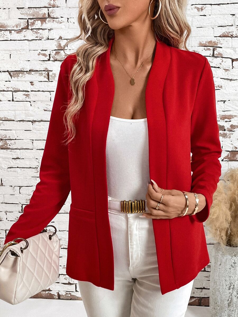 SHEIN Clasi Women's Collarless Pocketed All-Match Elegant Simple Versatile Comfortable Regular Red Jacket In Fall/Winter - Red - View 1