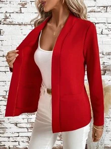 SHEIN Clasi 女士无领口袋百搭优雅简约百搭舒适常规红色秋冬夹克 - 紅色 - 查看 4