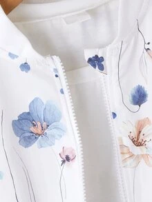 SHEIN Sparklyn Tween Girls Beige Long Sleeve Floral Plant Leaves Printed Short Country Style Baseball Zip Up Jacket, Autumn Lightweight Section, Casual, Back To - White - View 3