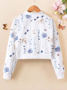 SHEIN Sparklyn Tween Girls Beige Long Sleeve Floral Plant Leaves Printed Short Country Style Baseball Zip Up Jacket, Autumn Lightweight Section, Casual, Back To - White - View 2