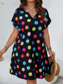 SHEIN LUNE Plus Size Colorful Floral Print Batwing Short Sleeve Vacation Dress With Notched Neck For Women, For Summer,Beach Dress Sundress,Holiday Outfits Boho - Black - View 6