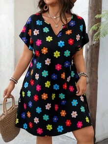 SHEIN LUNE Plus Size Colorful Floral Print Batwing Short Sleeve Vacation Dress With Notched Neck For Women, For Summer,Beach Dress Sundress,Holiday Outfits Boho - Black - View 5