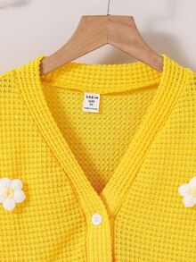 SHEIN Elladie kids 少女秋季卡其色長袖針織開襟外套，花朵拉鍊圖案，休閒可愛日系酷感秋裝 - 黃色 - 查看 4