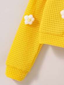 SHEIN Elladie kids 少女秋季卡其色長袖針織開襟外套，花朵拉鍊圖案，休閒可愛日系酷感秋裝 - 黃色 - 查看 3