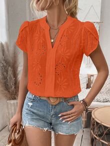 SHEIN Vacation Leisure Solid Color Hollow Out Embroidered Bud Sleeve Shirt - Orange - View 3
