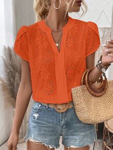 SHEIN Vacation Leisure Solid Color Hollow Out Embroidered Bud Sleeve Shirt - Orange - View 4