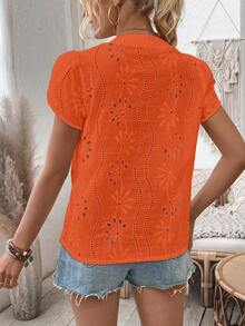 SHEIN Vacation Leisure Solid Color Hollow Out Embroidered Bud Sleeve Shirt - Orange - View 2