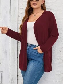 SHEIN LUNE Plus Size Solid Color Long Sleeve Cardigan, Casual Daily Wear Winter Fall Autumn Claret - Burgundy - View 3