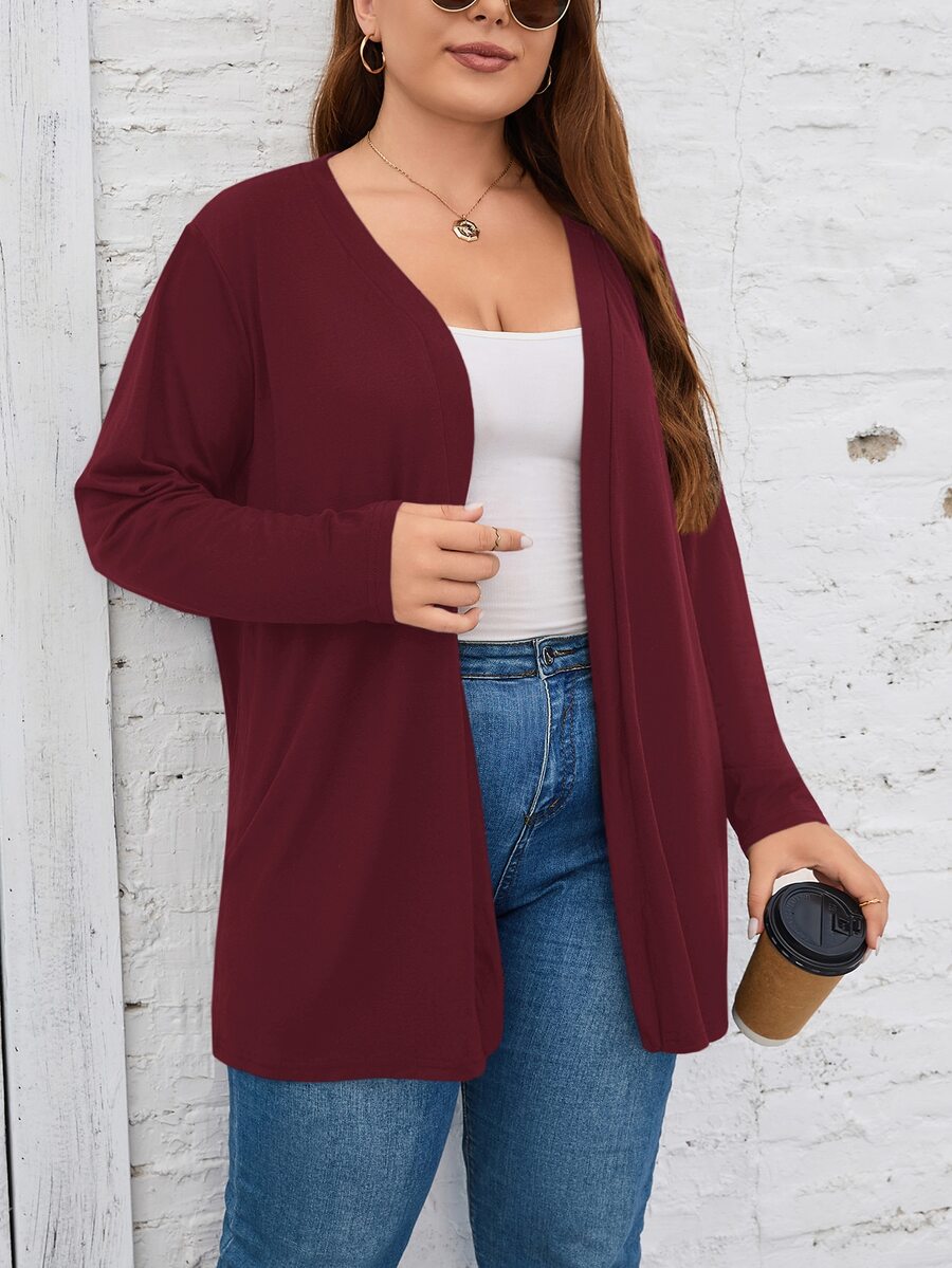 SHEIN LUNE Plus Size Solid Color Long Sleeve Cardigan, Casual Daily Wear Winter Fall Autumn Claret - Burgundy - View 1