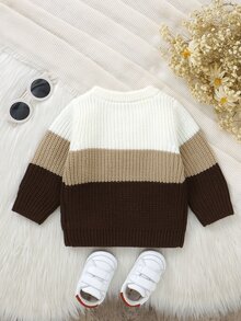 Baby Boy 1pc Multi-Color Casual Long Sleeve Pullover Sweater With Small Pocket, Basic Layering Top Autumn Fall - Coffee Brown - View 2