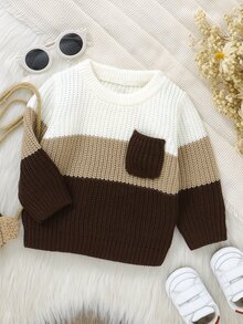Baby Boy 1pc Multi-Color Casual Long Sleeve Pullover Sweater With Small Pocket, Basic Layering Top Autumn Fall - Coffee Brown - View 6