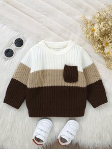 Baby Boy 1pc Multi-Color Casual Long Sleeve Pullover Sweater With Small Pocket, Basic Layering Top Autumn Fall - Coffee Brown - View 1