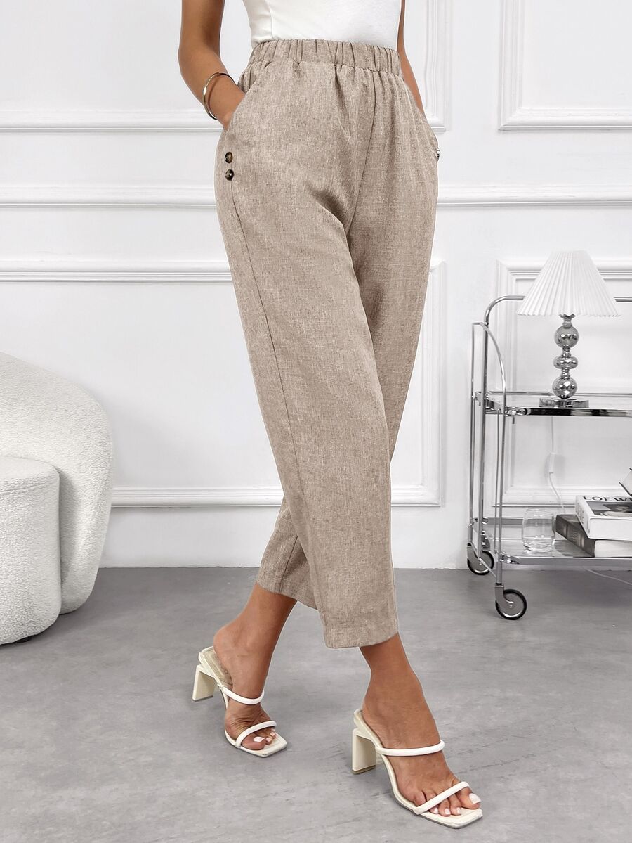 EMERY ROSE Women's Solid Color Linen Elastic Waist Pocket Pants - Apricot - View 1
