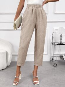 EMERY ROSE Women's Solid Color Linen Elastic Waist Pocket Pants - Apricot - View 5