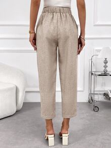 EMERY ROSE Women's Solid Color Linen Elastic Waist Pocket Pants - Apricot - View 2