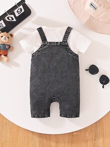 SHEIN Playful Pals Baby Fashionable Everyday Cute Tropical Pocket Design Romper Family Matching Photoshoot White Dark Grey Summer - Black - View 2