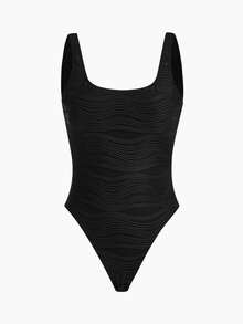 MOTF PREMIUM SUMMER BEACH SOLID TEXTURED LOW BACK ONE-PIECE SWIMSUIT - Black - View 1