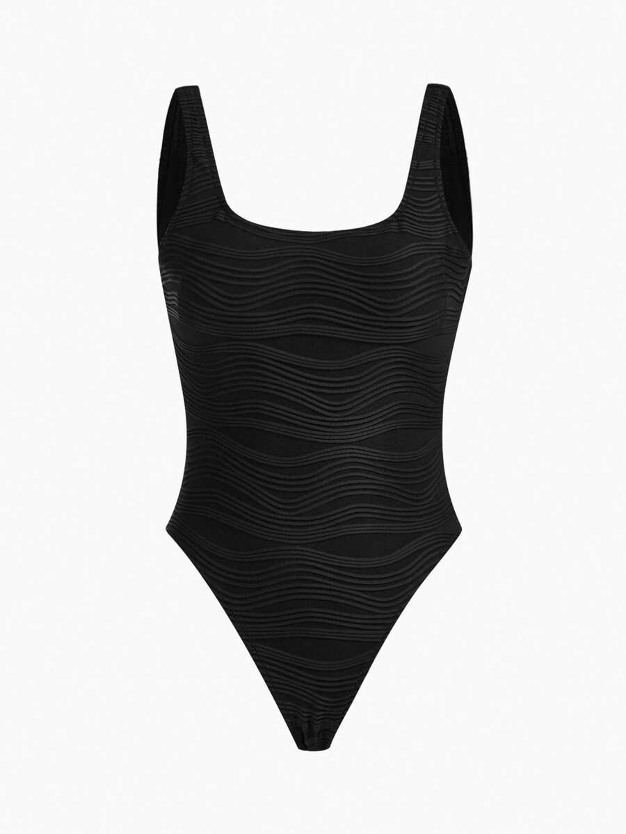 MOTF PREMIUM SUMMER BEACH SOLID TEXTURED LOW BACK ONE-PIECE SWIMSUIT - Black - View 1