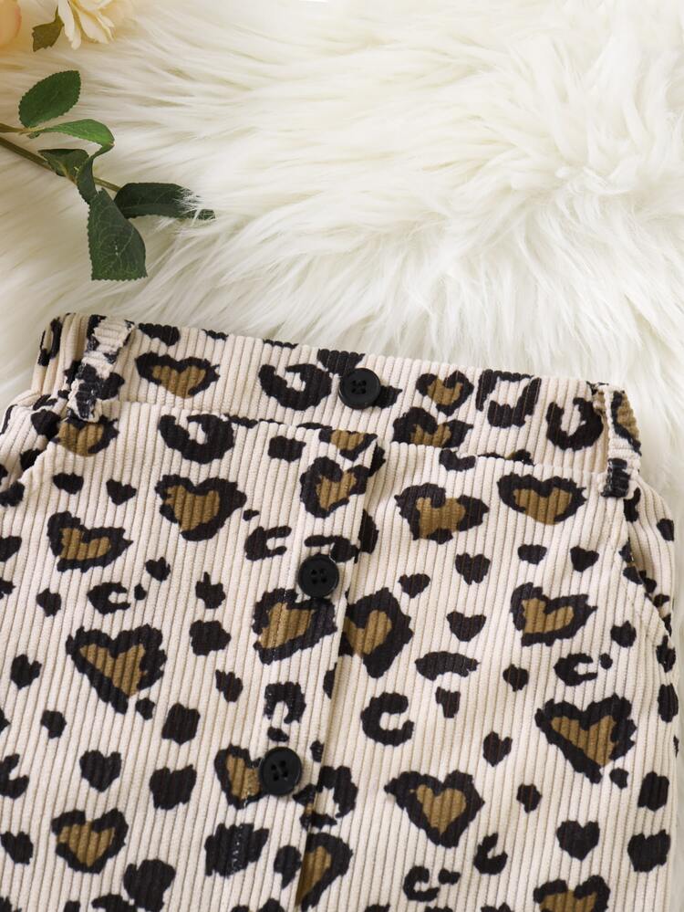 Elladie kids Young Girls Apricot Heart Leopard Print Corduroy Skirt, Young Girl Autumn Winter Button Front A-Line Ribbed Skirt For School Casual Wear - Beige - View 4