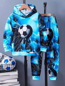 2pcs Young Boys' Football Print Hoodie And Pants Set, Casual Sports Style For Fall/Winter - Blue - View 1