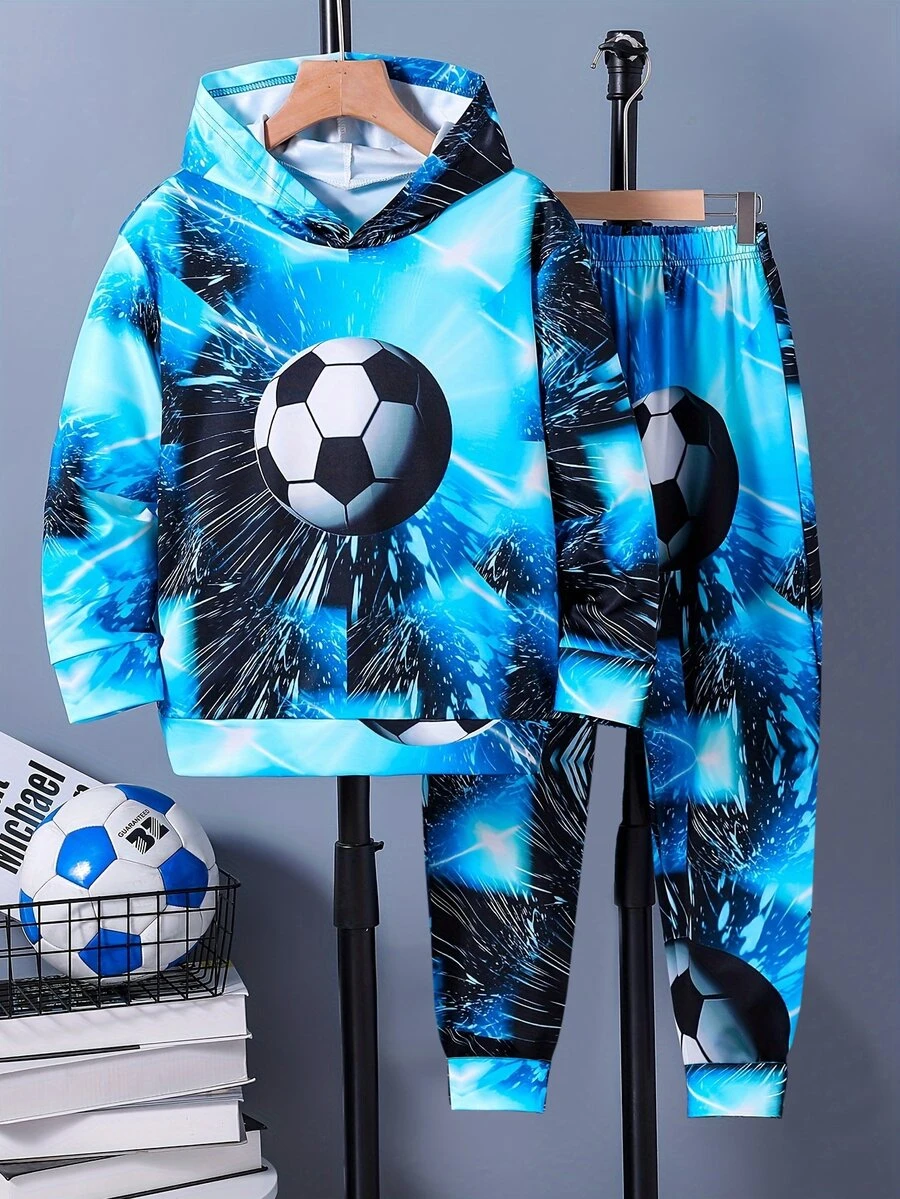 2pcs Young Boys' Football Print Hoodie And Pants Set, Casual Sports Style For Fall/Winter - Blue - View 1
