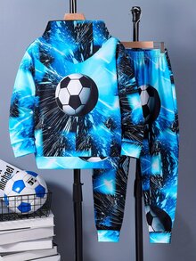 2pcs Young Boys' Football Print Hoodie And Pants Set, Casual Sports Style For Fall/Winter - Blue - View 2