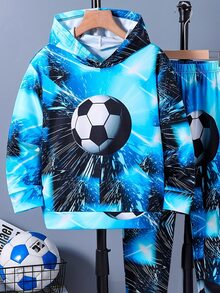 2pcs Young Boys' Football Print Hoodie And Pants Set, Casual Sports Style For Fall/Winter - Blue - View 3