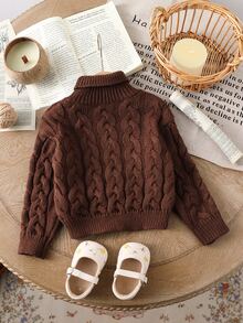 Genkimix Kids Baby Girl Dark Brown Turtleneck Long Sleeve Knitted Sweater,Autumn Modest Family Matching Solid Color Cable Knit Pullover For Christmas Party Wear - Coffee Brown - View 2