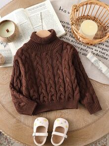 Genkimix Kids Baby Girl Dark Brown Turtleneck Long Sleeve Knitted Sweater,Autumn Modest Family Matching Solid Color Cable Knit Pullover For Christmas Party Wear - Coffee Brown - View 1