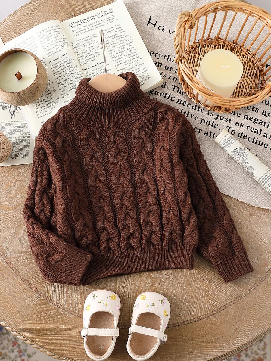 Genkimix Kids Baby Girl Dark Brown Turtleneck Long Sleeve Knitted Sweater,Autumn Modest Family Matching Solid Color Cable Knit Pullover For Christmas Party Wear - Coffee Brown - View 1