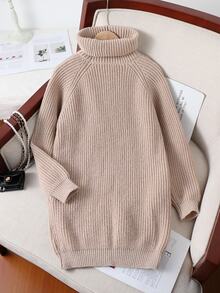 SHEIN Tween Girl Solid High Neck Raglan Sleeve Long Sleeve Loose Casual Loose Sweater Dress, Autumn Farewell Beige - Khaki - View 1