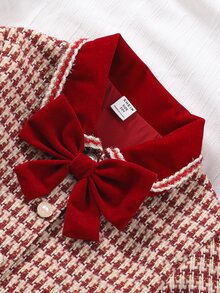 SHEIN Sparklyn 2pcs Tween Girl Houndstooth Bow Decor Long Sleeve Top & Skirt Set - Red - View 5