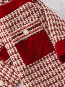 SHEIN Sparklyn 2pcs Tween Girl Houndstooth Bow Decor Long Sleeve Top & Skirt Set - Red - View 8