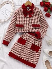SHEIN Sparklyn 2pcs Tween Girl Houndstooth Bow Decor Long Sleeve Top & Skirt Set - Red - View 1