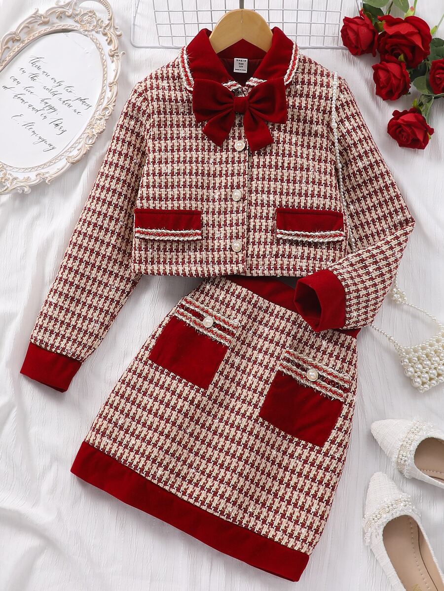 SHEIN Sparklyn 2pcs Tween Girl Houndstooth Bow Decor Long Sleeve Top & Skirt Set - Red - View 1