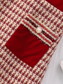 SHEIN Sparklyn 2pcs Tween Girl Houndstooth Bow Decor Long Sleeve Top & Skirt Set - Red - View 7