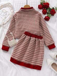 SHEIN Sparklyn 2pcs Tween Girl Houndstooth Bow Decor Long Sleeve Top & Skirt Set - Red - View 2